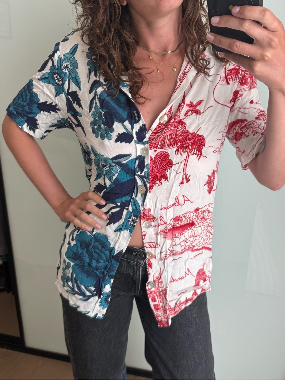 FARM Rio Split Floral & Toile Button-Down Shirt in Teal & Red